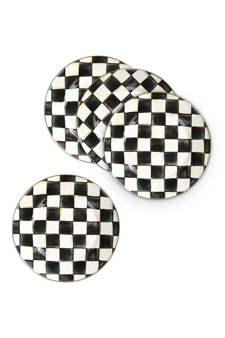 Courtly Check Set of 4 Enamel Dinner Plates, Alternate, color, BLACK/ WHITE