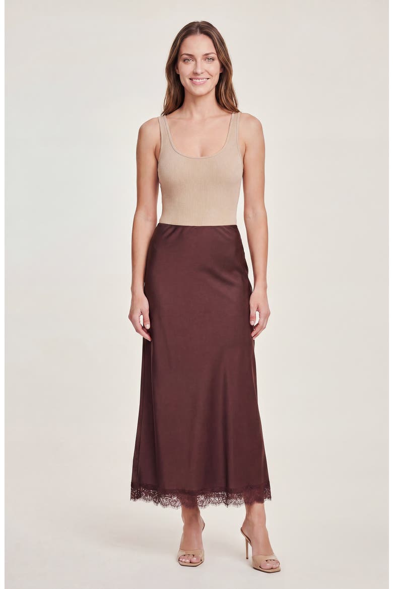 Lace Trim Satin Maxi Skirt, Alternate, color, PUCE