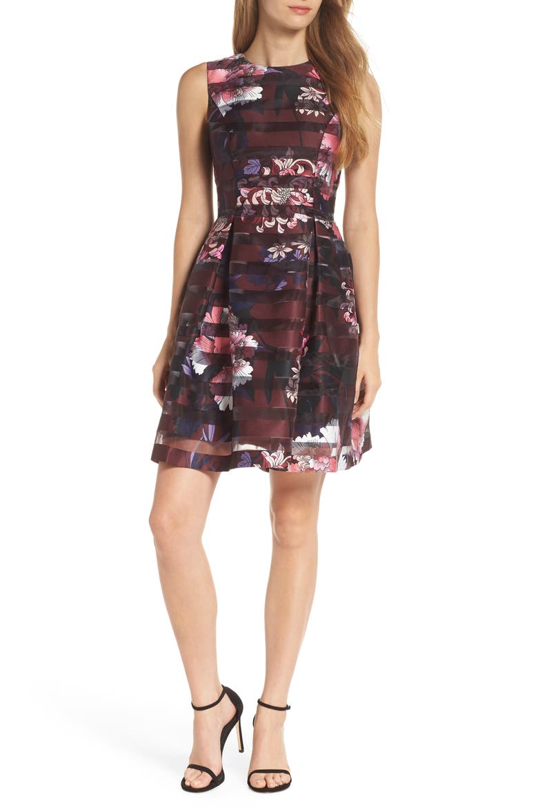 Shadow Stripe Fit & Flare Dress, Main, color, WINE MULTI