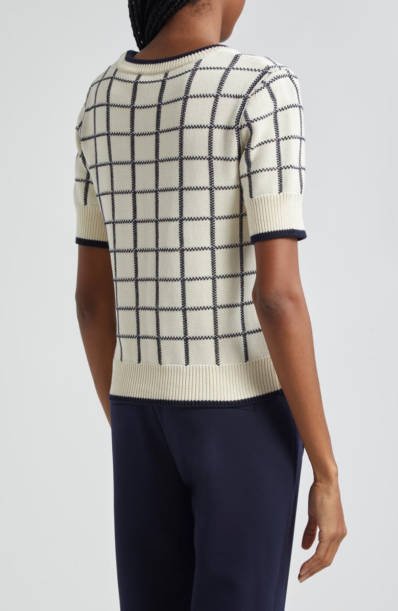Veronica Beard Windowpane Check Short Sleeve Cotton Sweater, Alternate, color, Ivory/ Navy