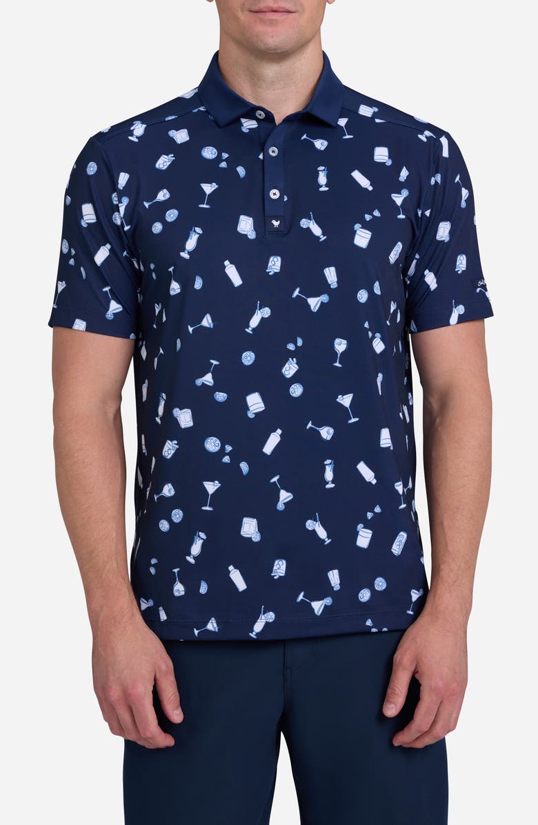 Bad Birdie Cheers Cocktail Print Performance Golf Polo, Main, color, Cheers - Dark Navy