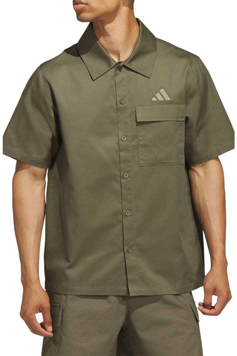 Short Sleeved Woven Buttoned Front Top, Main, color, OLIVE STRATA