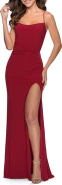 La Femme Chic Jersey Dress with Intricate Lace Up Back