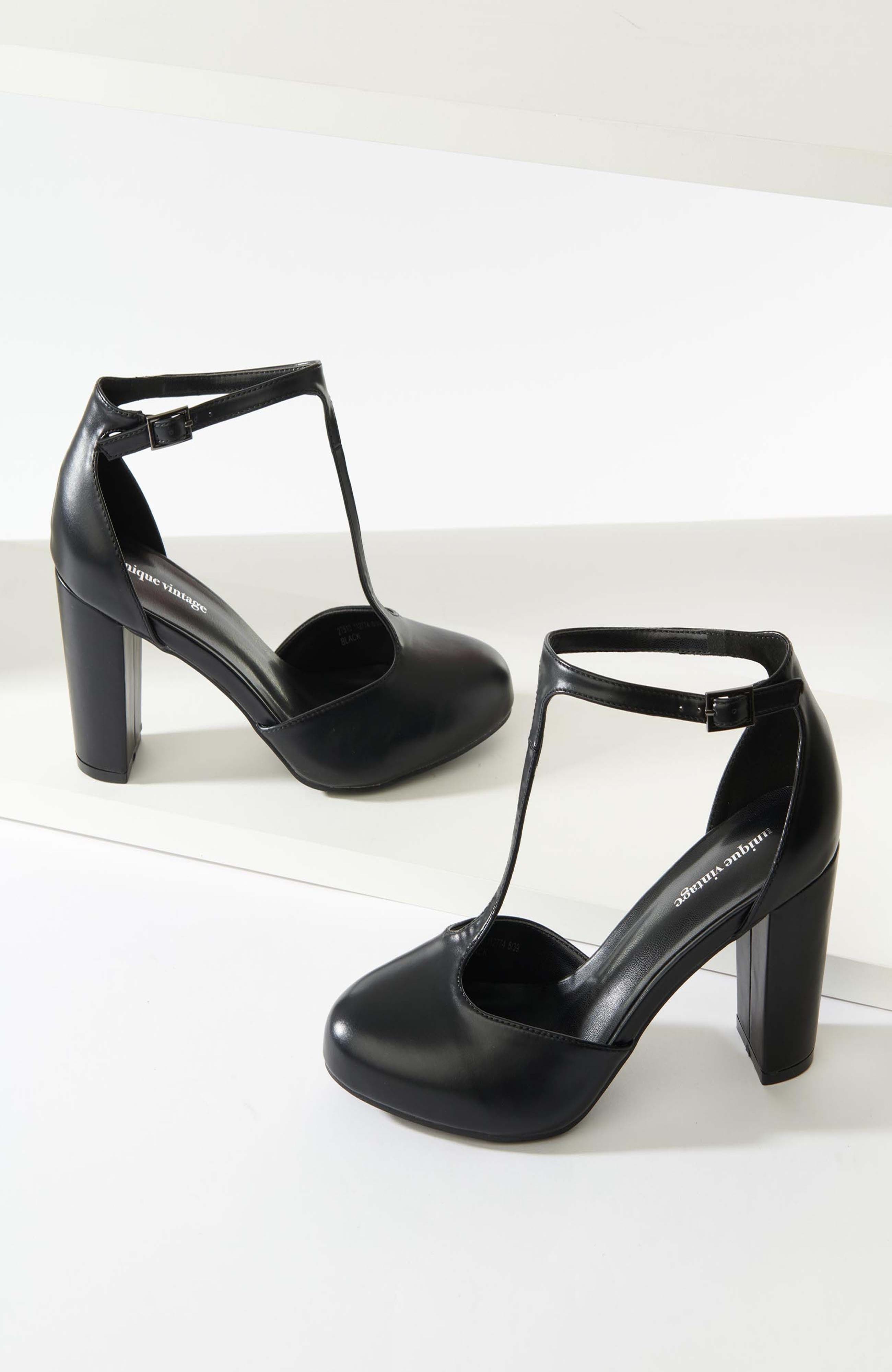 Unique Vintage Leatherette T-Strap Astaire Pumps, Main, color, Black