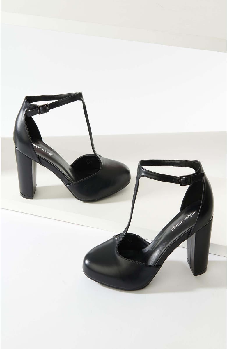 Unique Vintage Leatherette T-Strap Astaire Pumps, Main, color, Black