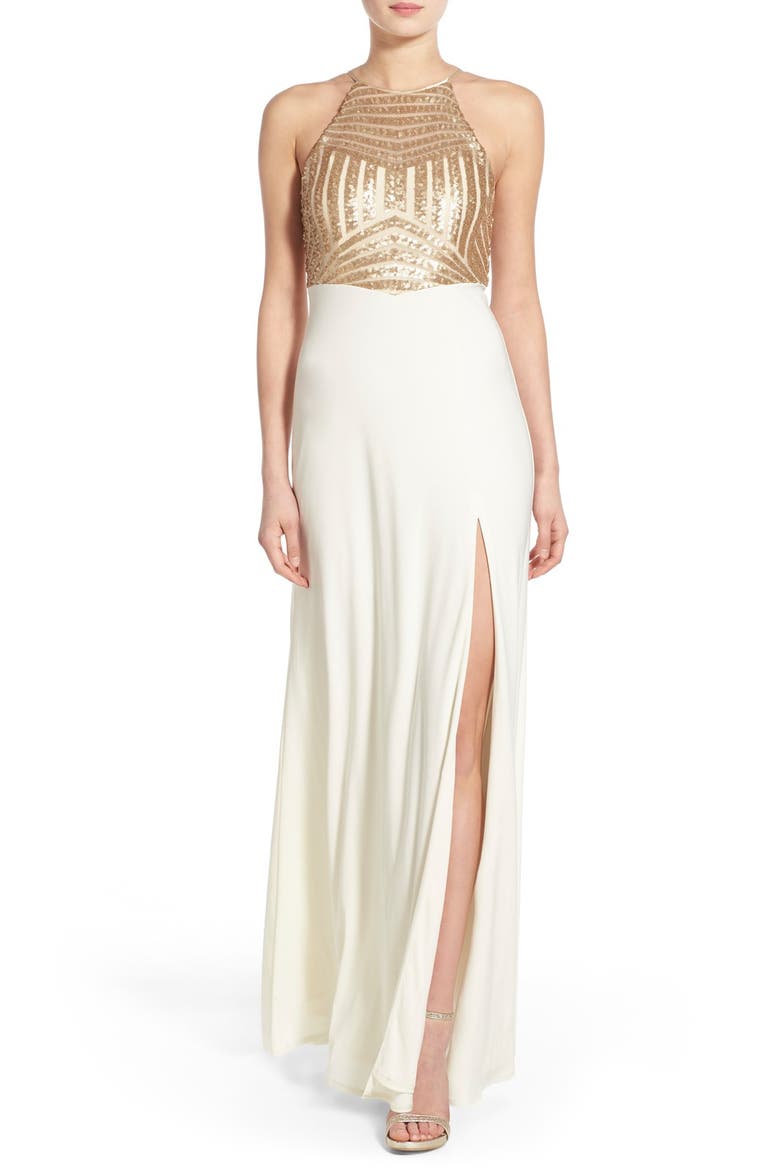 Sequin Halter Gown, Main, color, WARM SAND/ IVORY