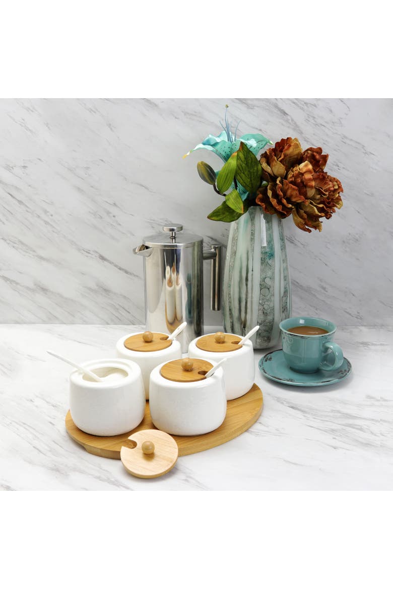 Ceramic Spice Jars with Wood Lids & Serving Spoons, Alternate, color, White
