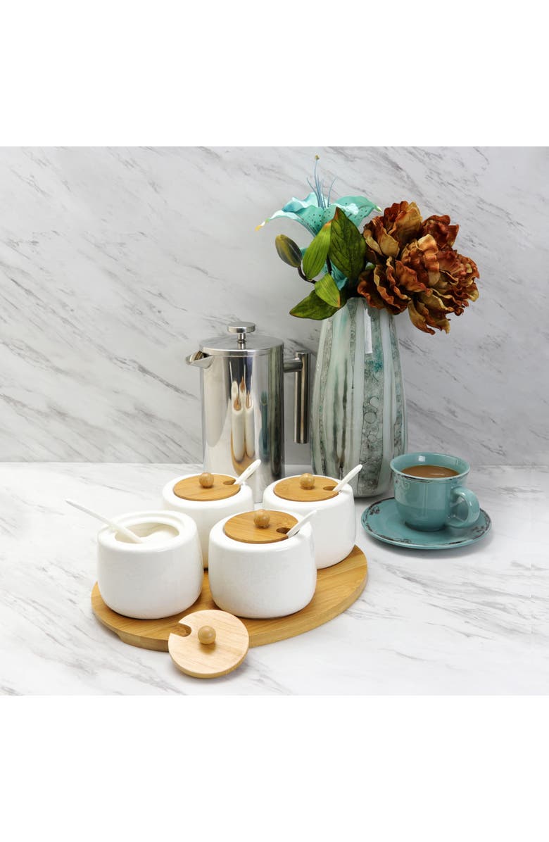 Elama Ceramic Spice, Jam and Salsa Jars with Wood Lids & Serving Spoons, Alternate, color, White