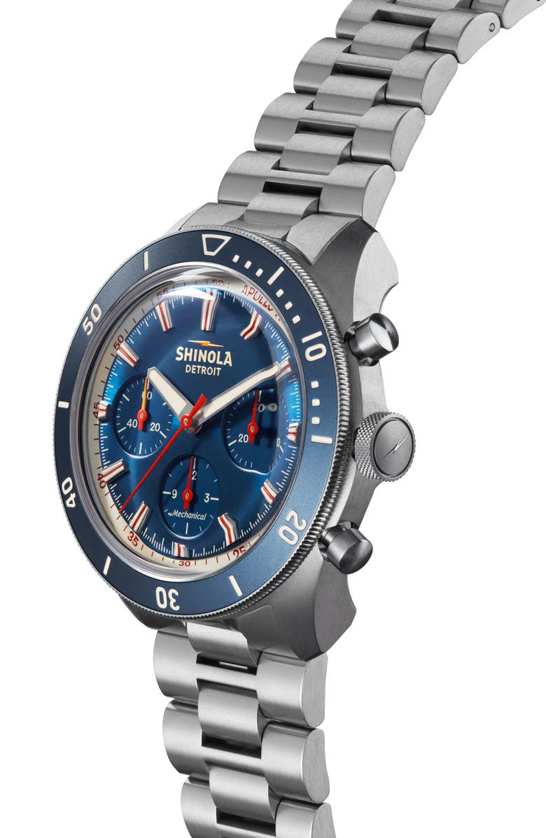 Shinola The Mooncraft Monster Chronograph Bracelet Watch, 43mm, Alternate, color, Seablue/ Silver