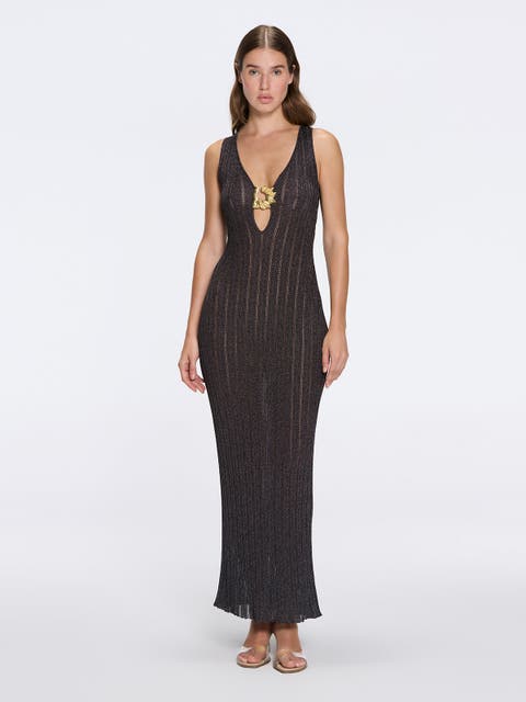 Antibes Metallic Knit Deep V-Neck Maxi Dress with Gold Detail