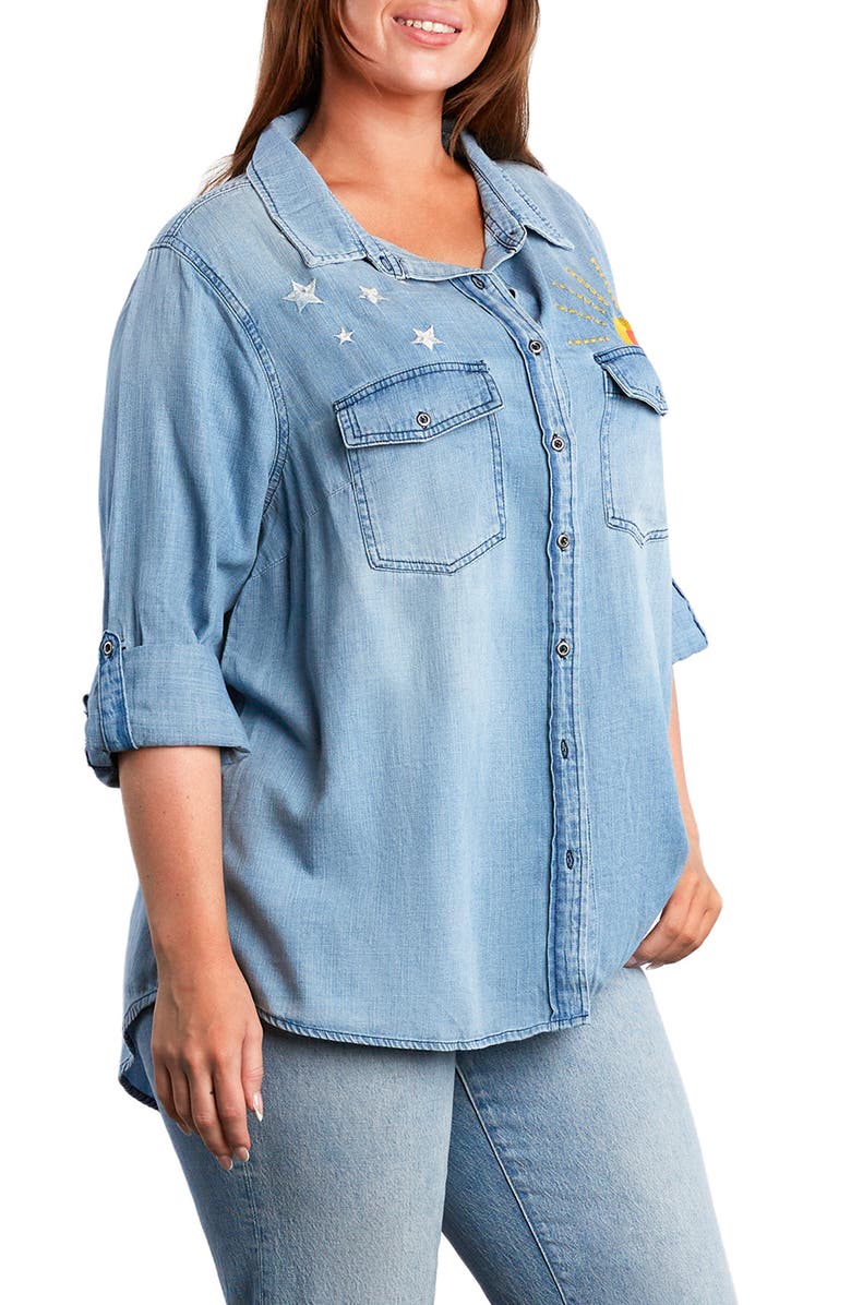 Billy T Hello Sunshine Embroidered Denim Button-Up Shirt, Alternate, color, 