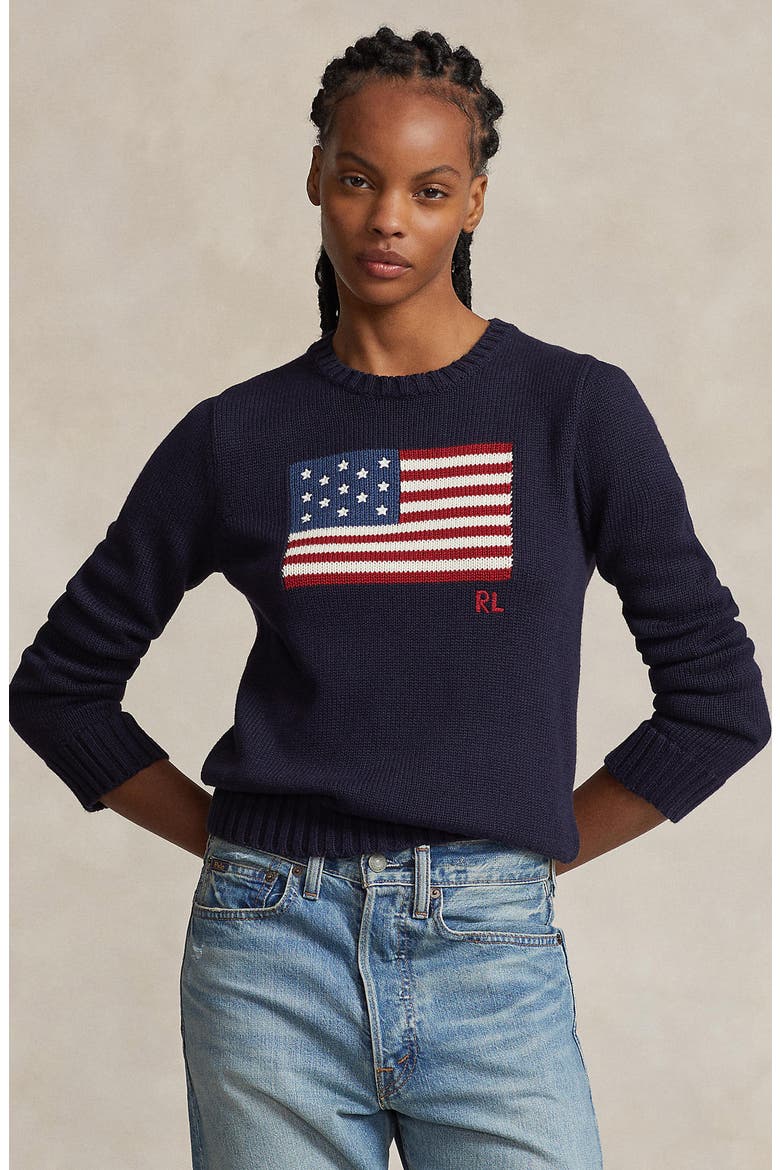 Flag Crewneck Sweater, Alternate, color, NAVY