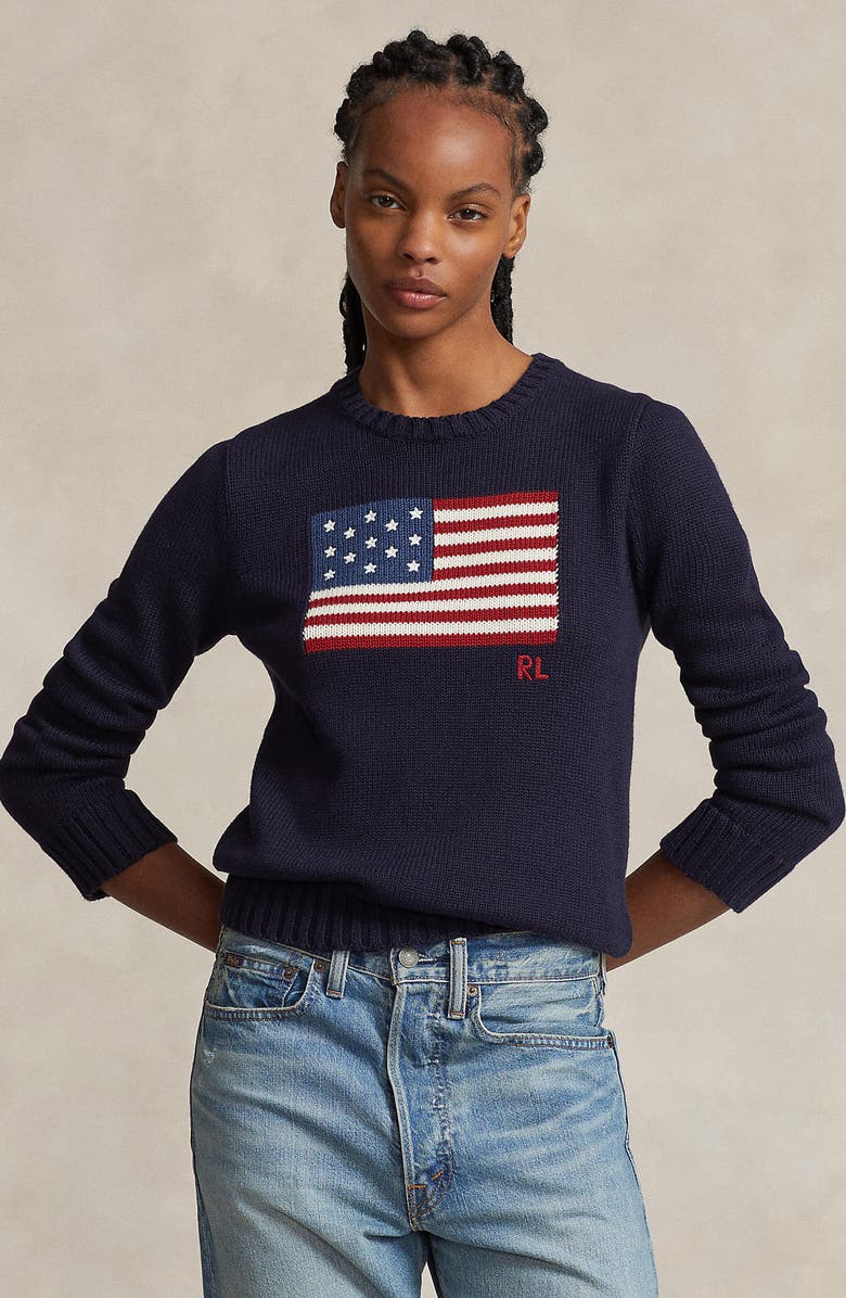 Polo Ralph Lauren Flag Crewneck Sweater, Alternate, color, Navy