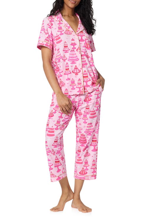 Print Stretch Cotton Jersey Crop Pajamas (Regular & Plus)