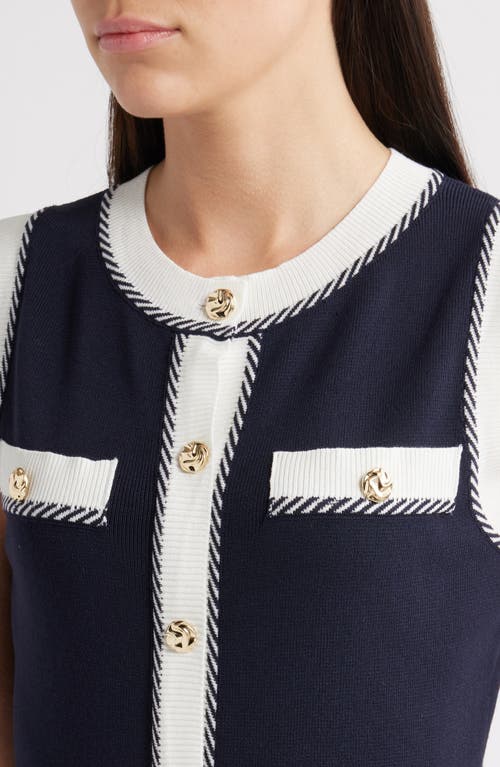 Zoe And Claire Contrast Piping Sleeveless Button-up Sweater Dress In Blue