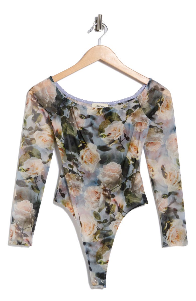 L'AGENCE Peonie Off the Shoulder Bodysuit, Alternate, color, Multi Distressed Floral