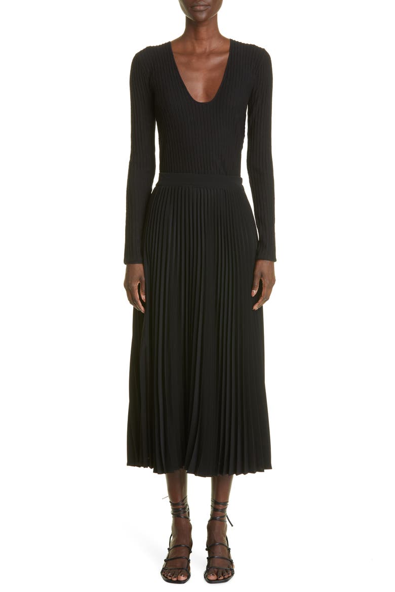 Pleated Midi Skirt, Alternate, color, BLACK