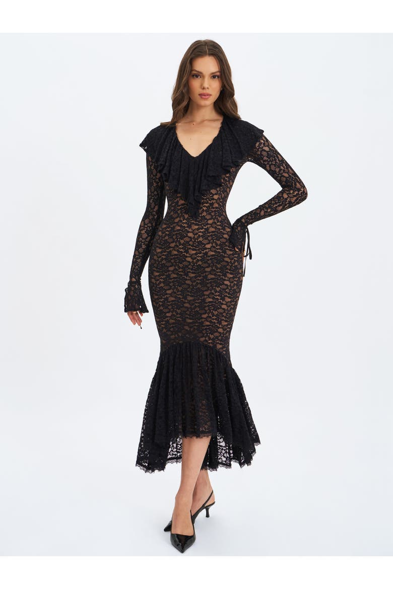 Parisa Lace Ruffled Mermaid Maxi Dress, Alternate, color, Black