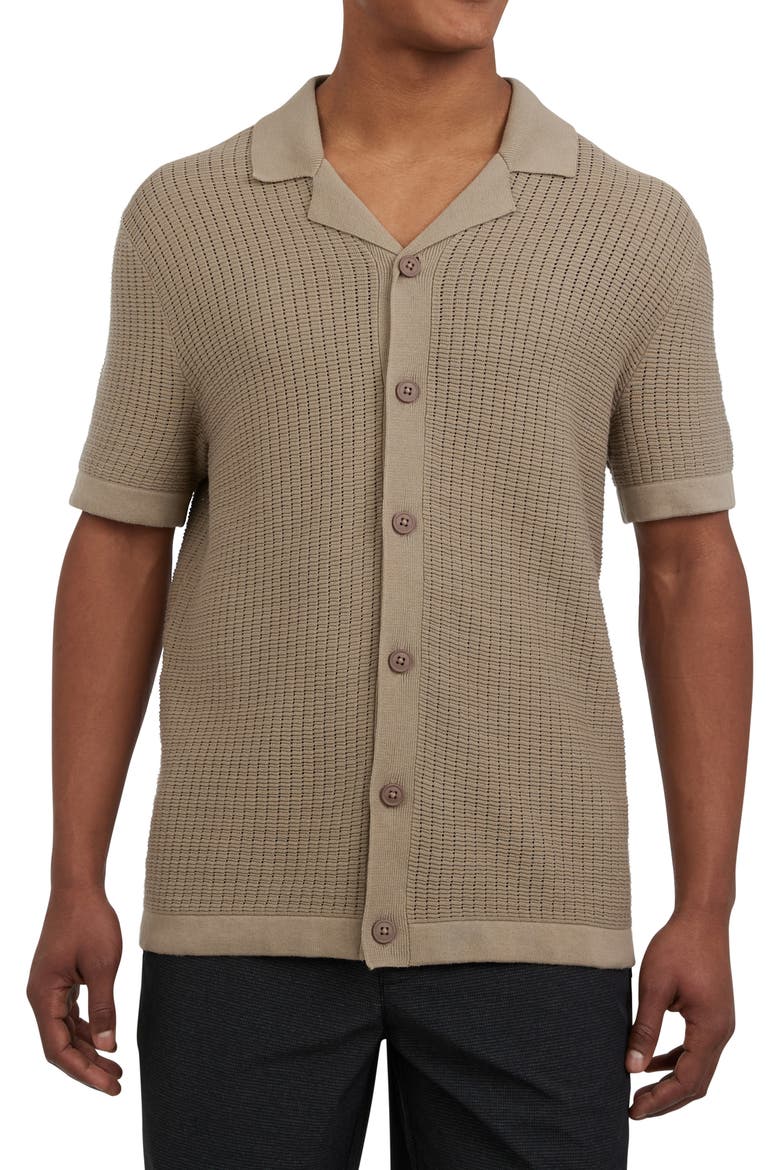Cotton Grid Knit Camp Shirt, Main, color, CAFE