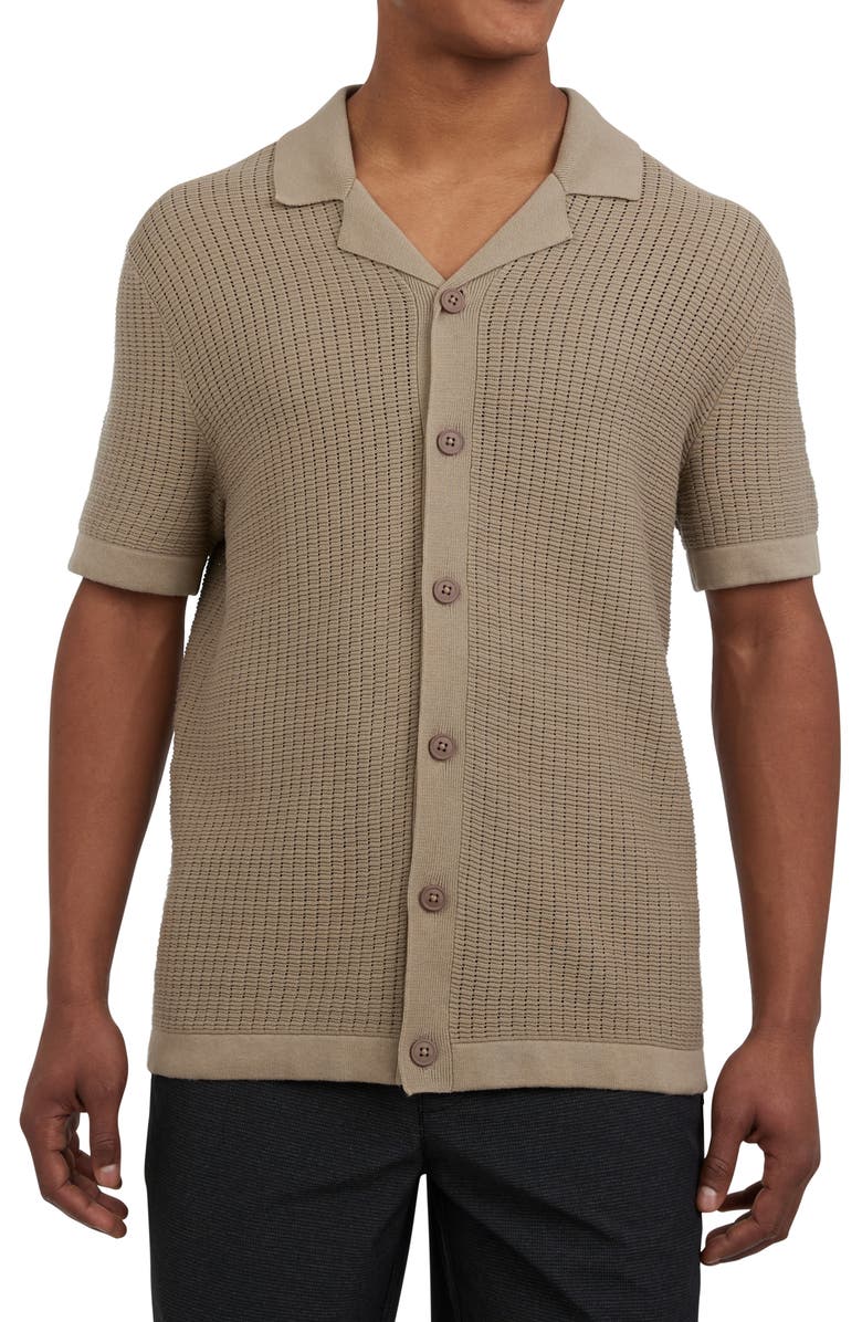 DKNY SPORTSWEAR Cotton Grid Knit Camp Shirt, Main, color, Cafe