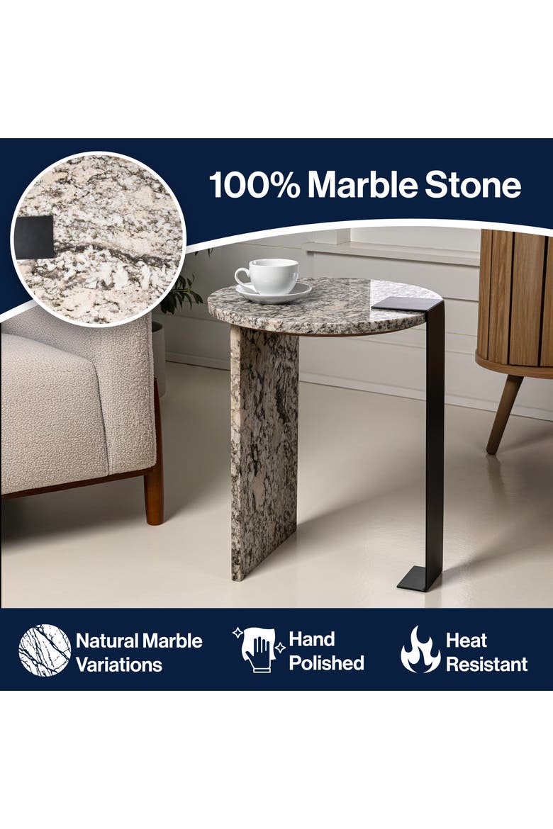 Lyra Modern Round Asymmetrical Marble Accent Table, Veined Stone with Iron Metal Base for Living Room, Alternate, color, Ivory/Black