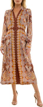 Socialite Printed Long Sleeve Midi Shirtdress