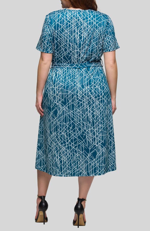 24seven Comfort Apparel Plus Size Print Short Sleeve Tie Waist Midi Dress In Blue Multi