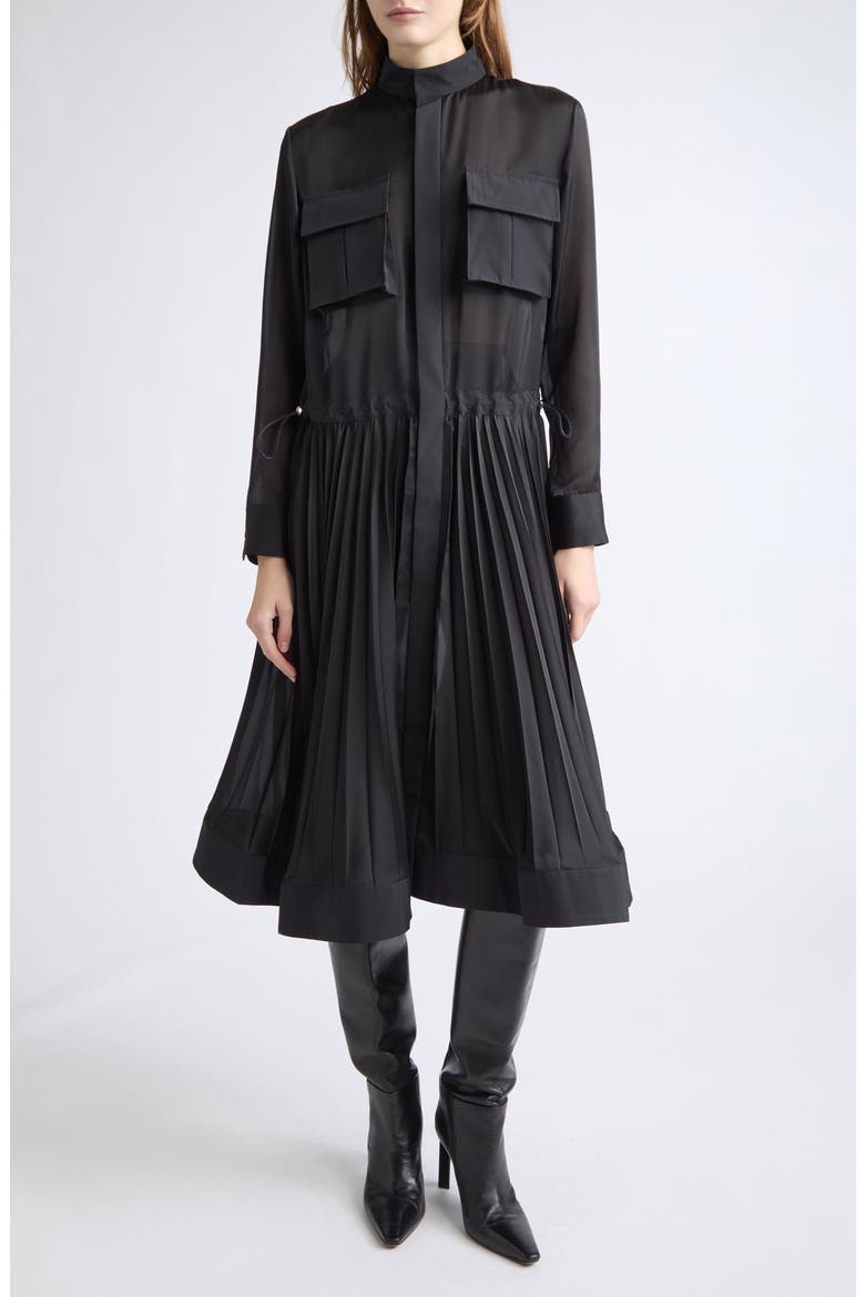 Taffeta Bonding & Satin Pleated Midi Dress, Main, color, BLACK