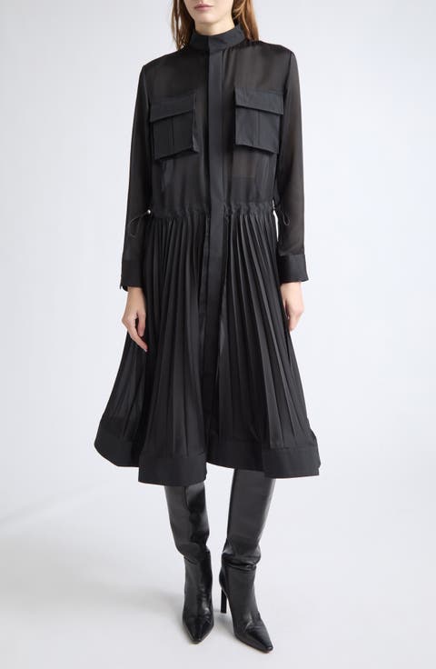 Taffeta Bonding & Satin Pleated Midi Dress