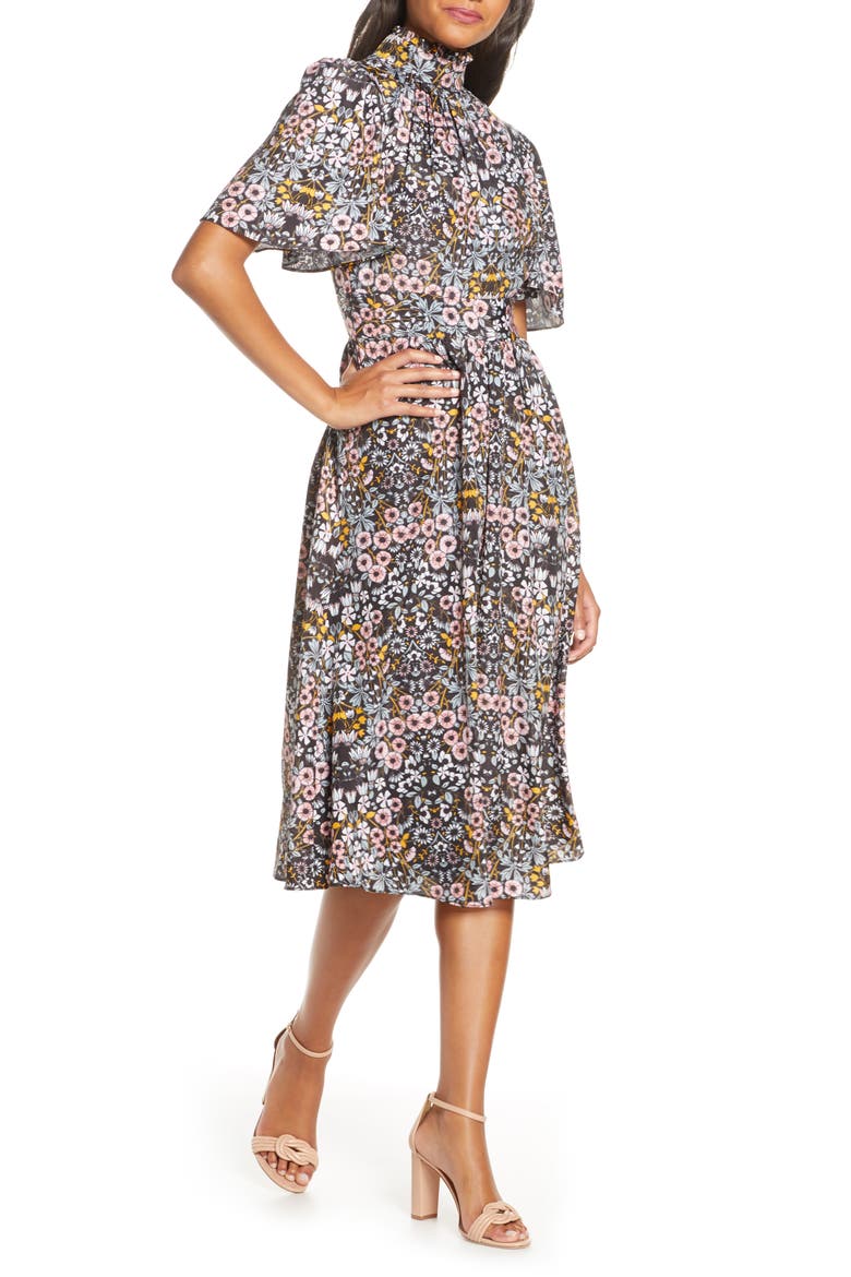 Ruffle Neck Flutter Sleeve A-Line Dress, Alternate, color, BLACK/MULT