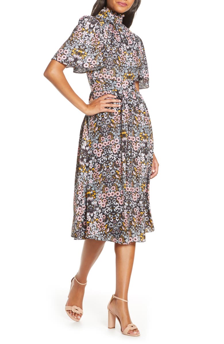 Julia Jordan Ruffle Neck Flutter Sleeve A-Line Dress, Alternate, color, Black Multi