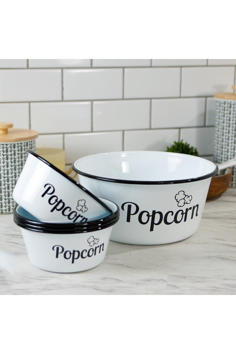 Metal 11 Inch White Popcorn Bowl Set of 5 with Vintage Style, Alternate, color, White