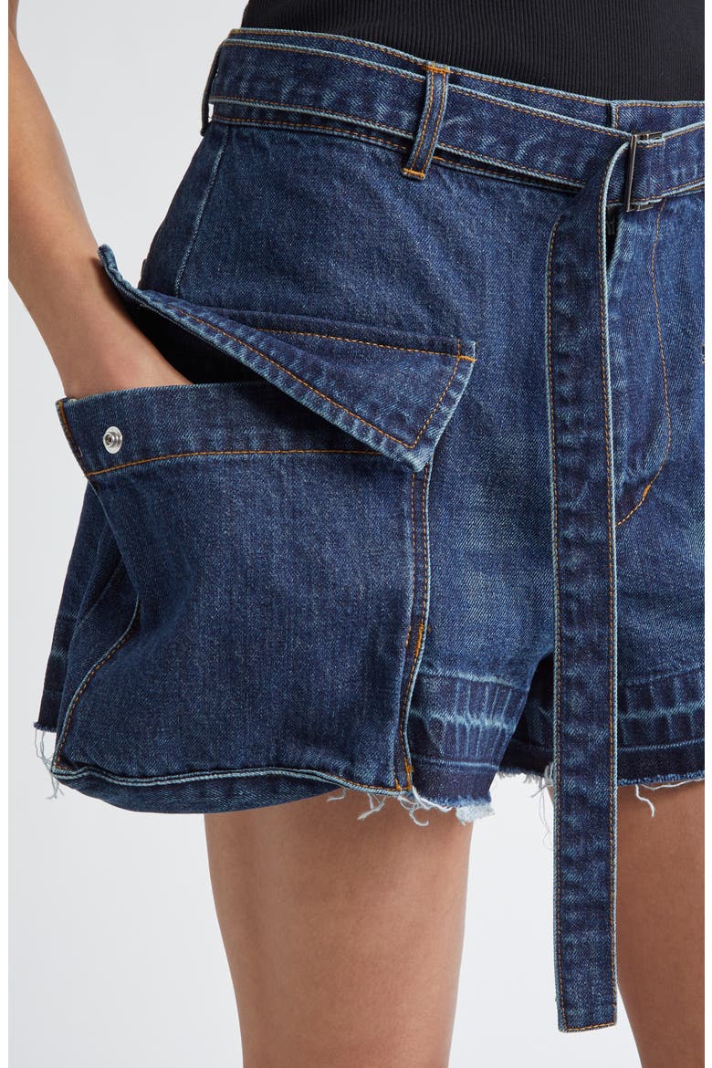 Belted Frayed Release Hem Cargo Denim Shorts, Alternate, color, BLUE 401