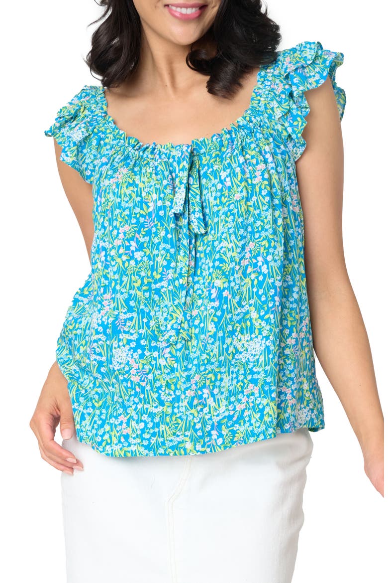 Tie Neck Flutter Sleeve Top, Main, color, PRETTY BLUE MEADOW