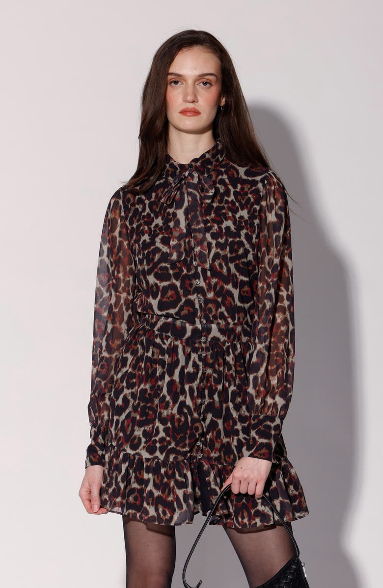 Walter Baker Dory Tie Neck Long Sleeve Dress, Alternate, color, Amour Leopard
