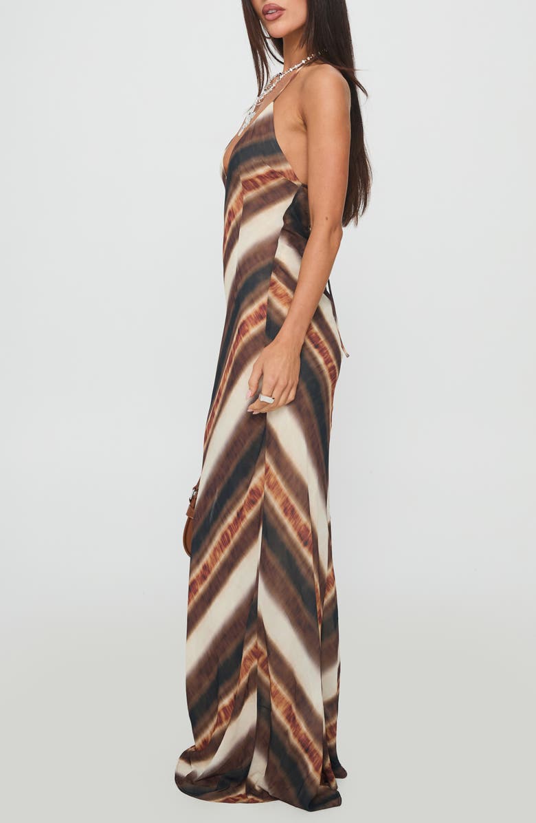 Princess Polly Esmira Plunge Halter Maxi Dress, Alternate, color, Brown Stripe