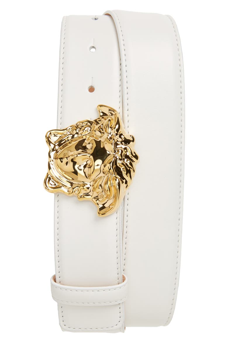 Medusa Head Leather Belt, Main, color, WHITE/HOT GOLD