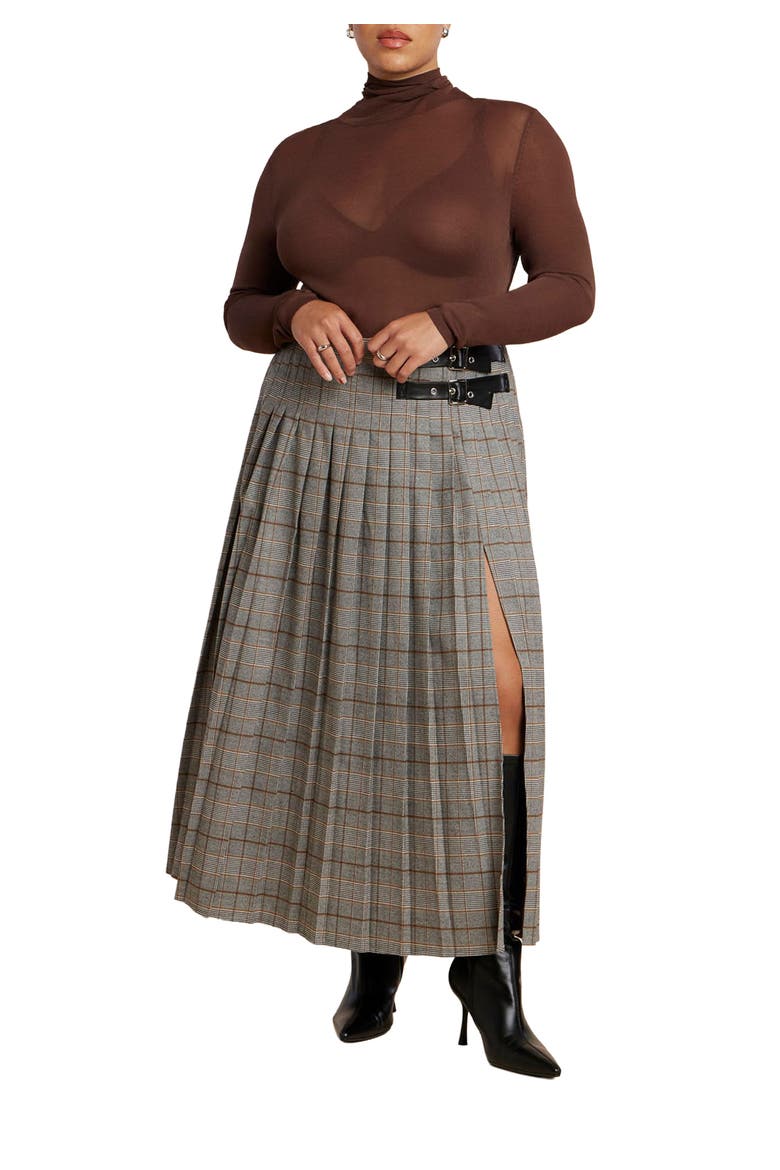 Maxi Pleated Skirt With Buckle Detail And Slit, Main, color, GREY PLAID