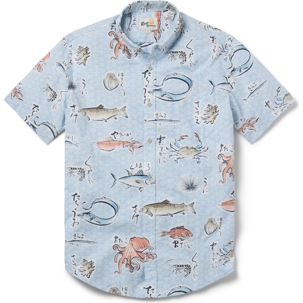 Reyn Spooner Pacific Catch Short Sleeve Cotton Blend Button-down Shirt In Blue