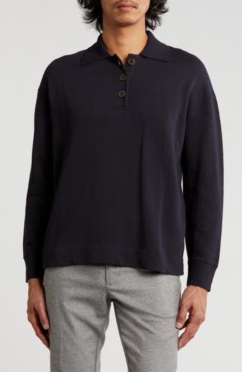 Shop Vince Long Sleeve Cotton Rib Polo In Coastal