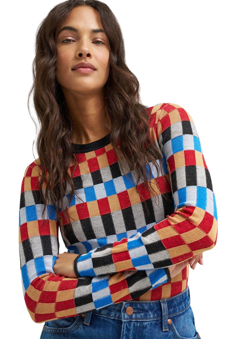 Checked Long Sleeve Knit Top, Alternate, color, STARTING LINE CHECK