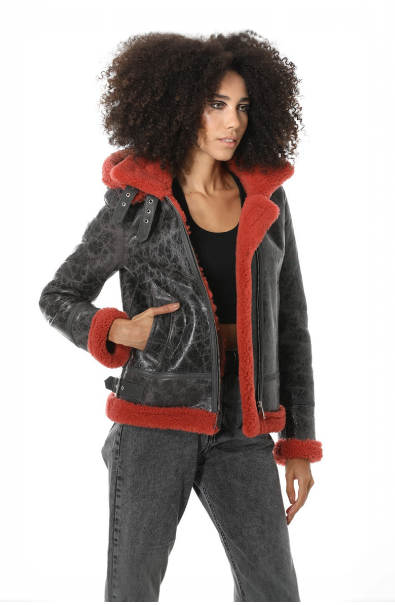 Furniq UK Celeste Sheepskin Jacket, Alternate, color, Dark Grey