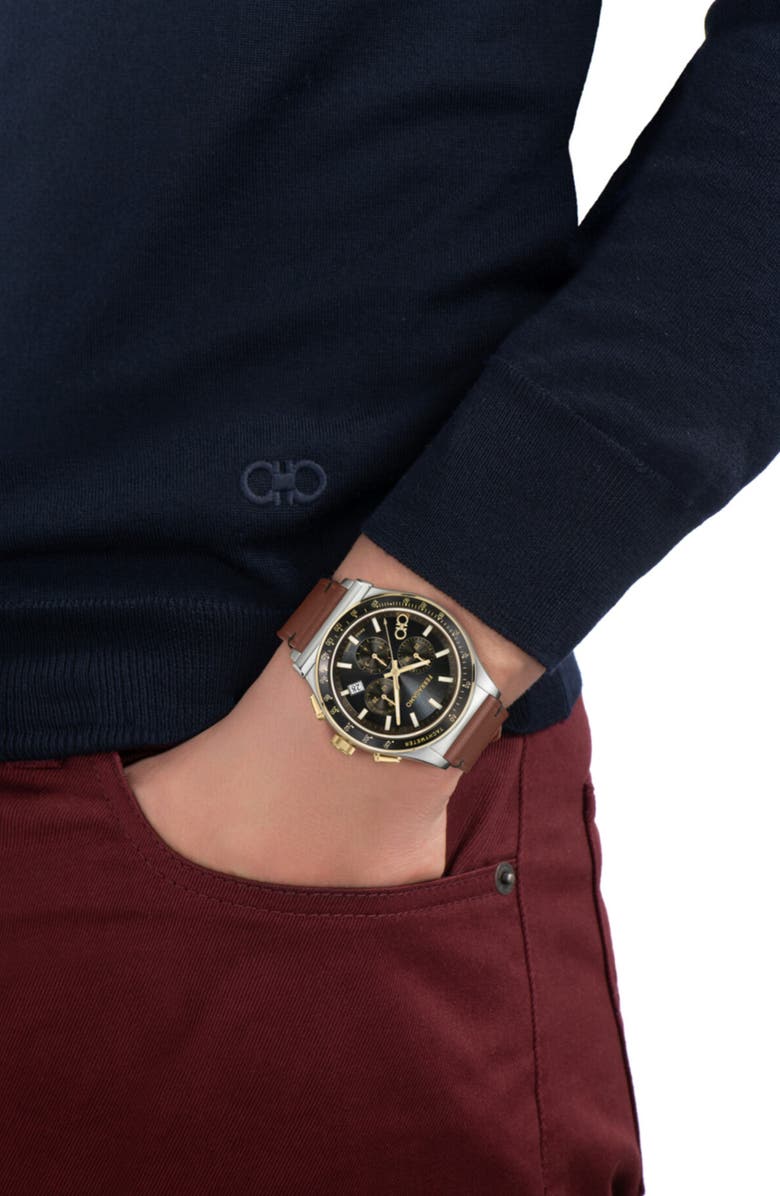 FERRAGAMO 1927 Chronograph Leather Strap Watch, 42mm, Alternate, color, Two Tone