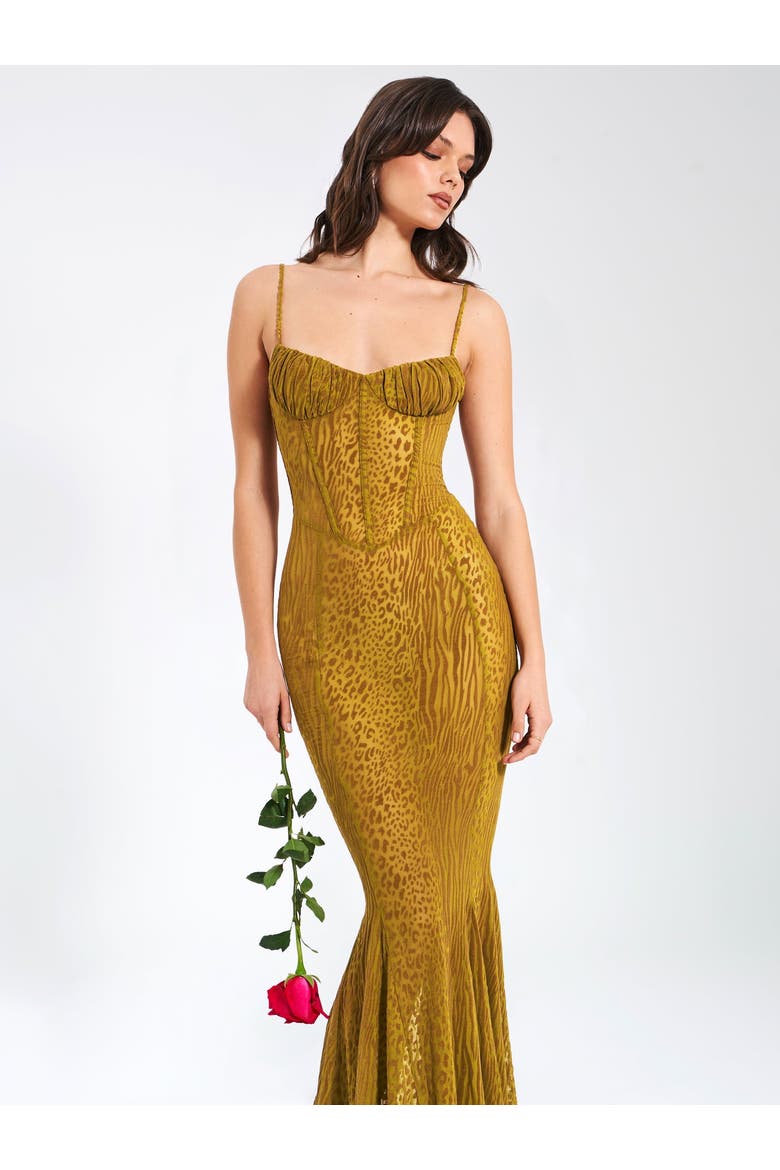 Ulani Burnout Velvet Detail Mesh Maxi Mermaid Dress, Alternate, color, Gold
