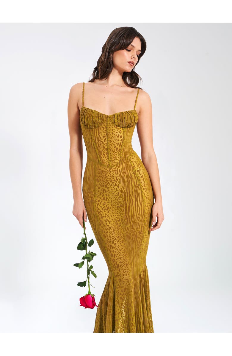 Miss Circle Ulani Burnout Velvet Detail Mesh Maxi Mermaid Dress, Alternate, color, Gold