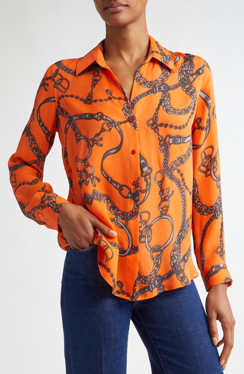 L'AGENCE Nina Chain Print Button-Up Silk Shirt, Alternate, color, 