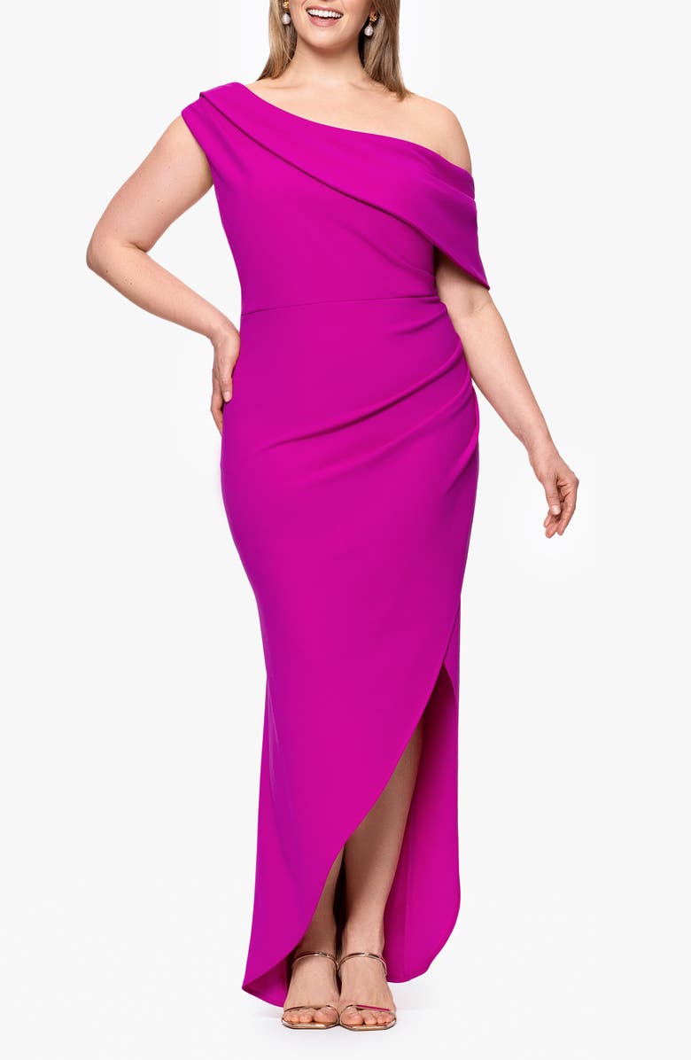 Betsy & Adam One-Shoulder Scuba Crepe Gown, Main, color, New Fuchsia