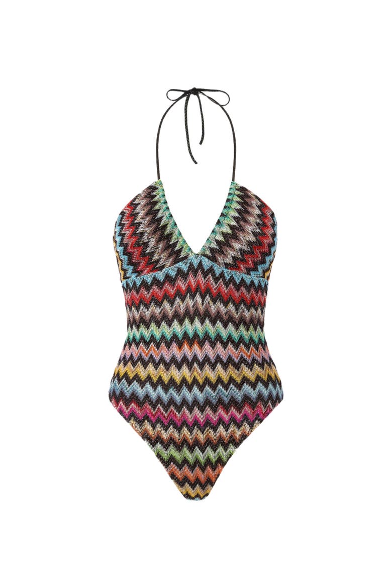 One-piece Swimsuit In Lamé Viscose With Micro Zigzag Pattern, Alternate, color, Black & Multicoloured