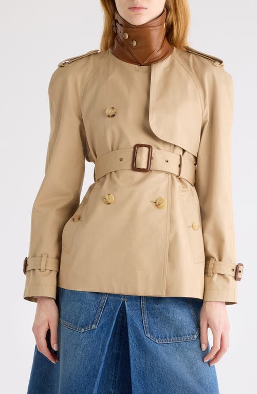 Chloé Leather-collar Double-breasted Short Trench Coat With Belt In Brown