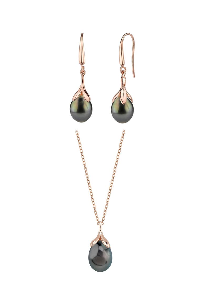 10-11mm Tahitian South Sea Pearl Rose Gold Plated Olive Drop Pendant and Earrings Set, Main, color, Black Pearls